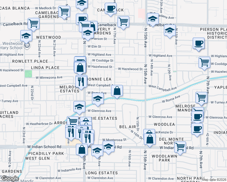 map of restaurants, bars, coffee shops, grocery stores, and more near 1723 West Roma Avenue in Phoenix