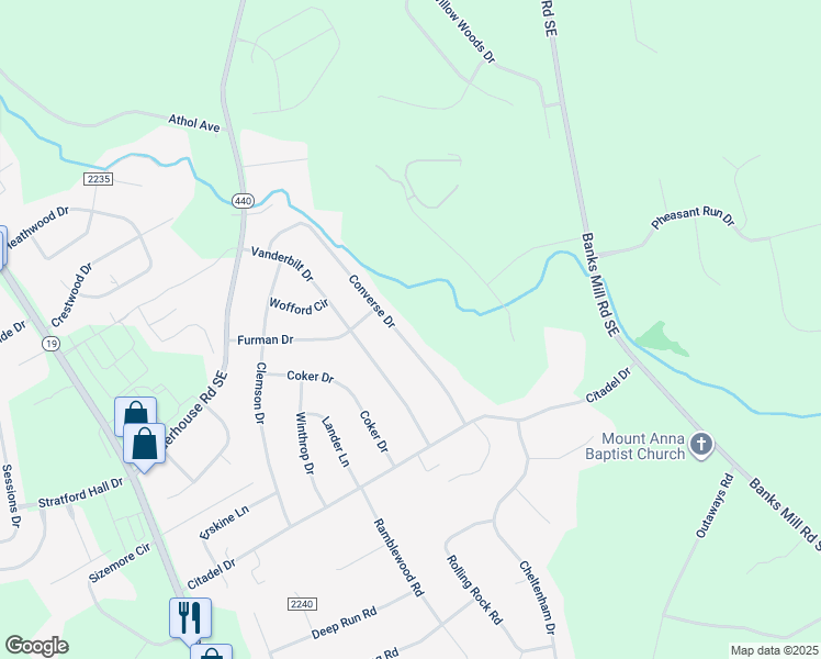 map of restaurants, bars, coffee shops, grocery stores, and more near 28 Converse Drive in Aiken