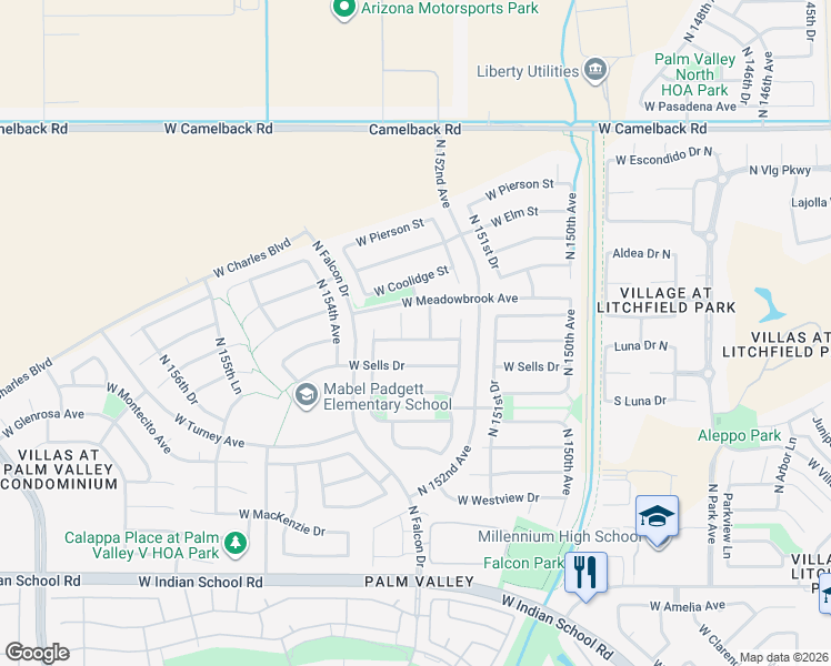 map of restaurants, bars, coffee shops, grocery stores, and more near 15316 West Campbell Avenue in Goodyear