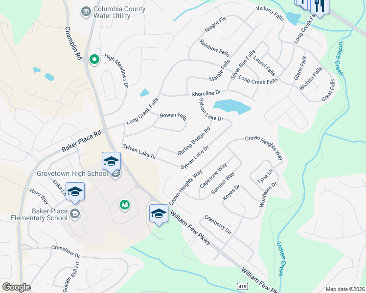 map of restaurants, bars, coffee shops, grocery stores, and more near 540 Stirling Bridge Road in Grovetown