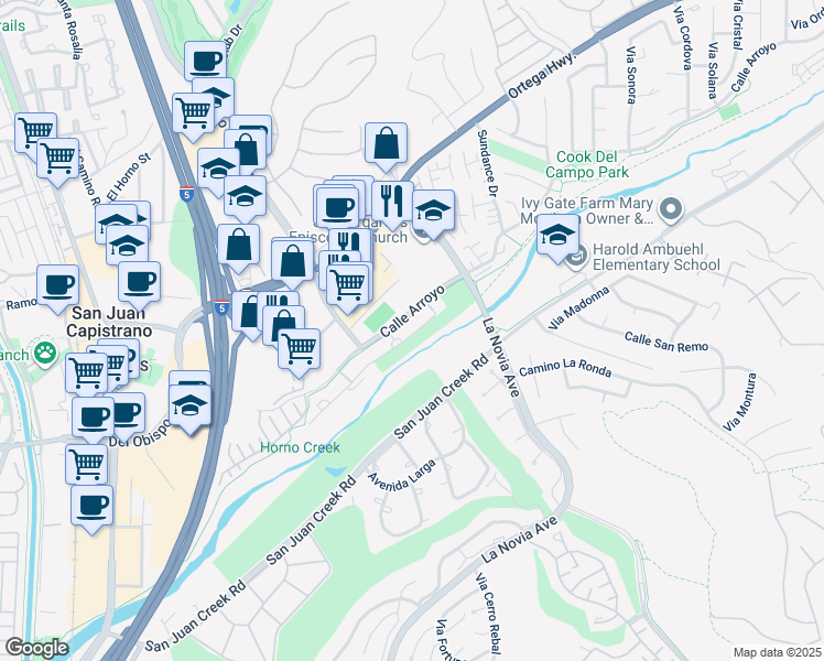map of restaurants, bars, coffee shops, grocery stores, and more near 27442 Calle Arroyo in San Juan Capistrano