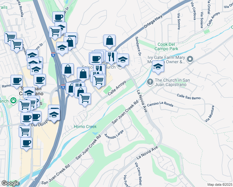 map of restaurants, bars, coffee shops, grocery stores, and more near 27422 Calle Arroyo in San Juan Capistrano