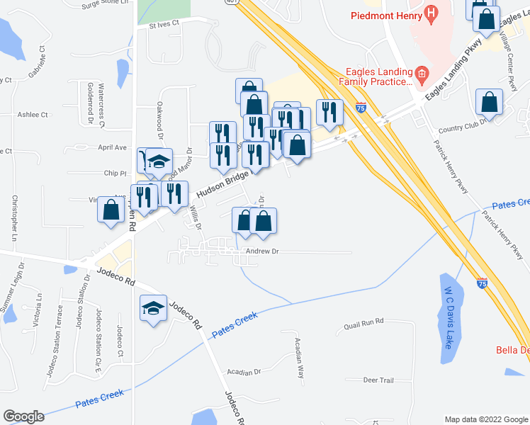 map of restaurants, bars, coffee shops, grocery stores, and more near 160 North Main Drive in Stockbridge