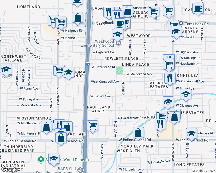 map of restaurants, bars, coffee shops, grocery stores, and more near 2342 West Turney Avenue in Phoenix