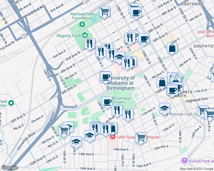 map of restaurants, bars, coffee shops, grocery stores, and more near 1400 University Boulevard in Birmingham