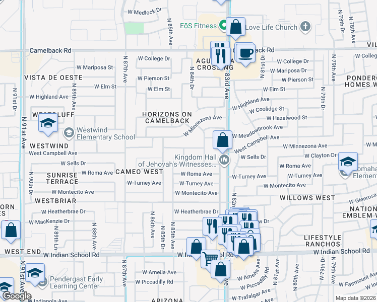 map of restaurants, bars, coffee shops, grocery stores, and more near 4435 North 84th Drive in Phoenix
