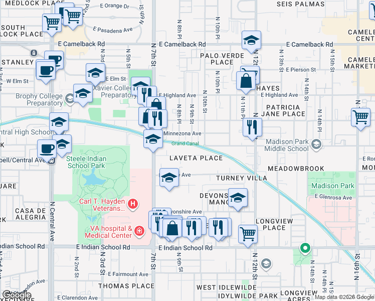 map of restaurants, bars, coffee shops, grocery stores, and more near 913 East Roma Avenue in Phoenix
