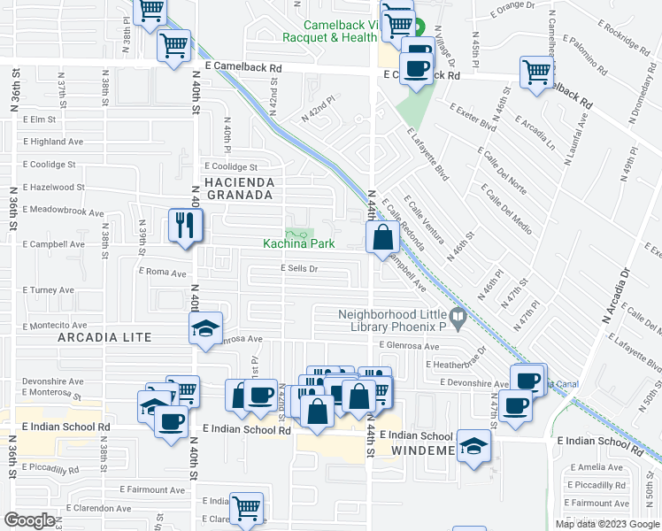 map of restaurants, bars, coffee shops, grocery stores, and more near 4302 East Sells Drive in Phoenix