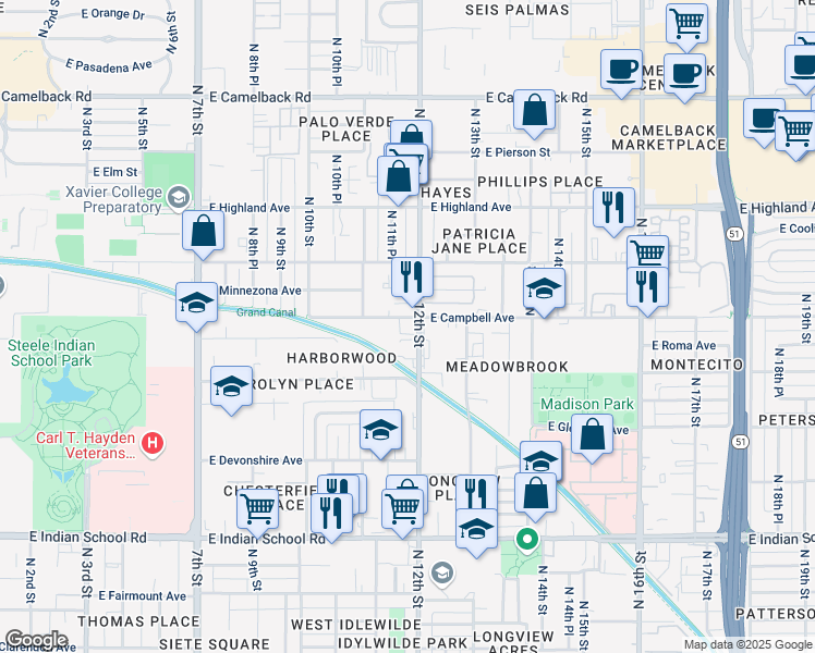 map of restaurants, bars, coffee shops, grocery stores, and more near 4417 North 12th Street in Phoenix