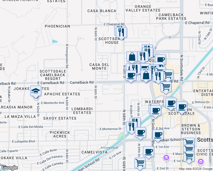 map of restaurants, bars, coffee shops, grocery stores, and more near 6711 East Camelback Road in Scottsdale