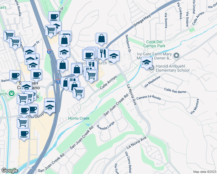 map of restaurants, bars, coffee shops, grocery stores, and more near 27442 Calle Arroyo in San Juan Capistrano