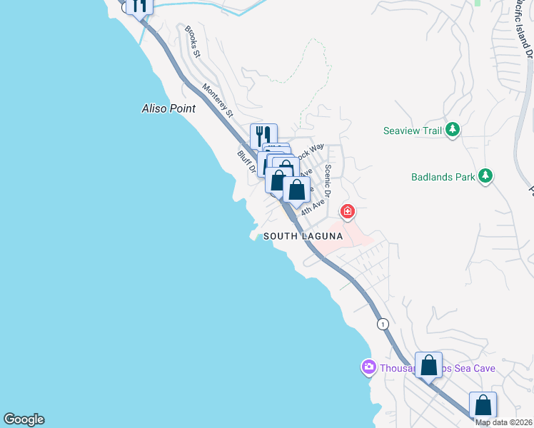 map of restaurants, bars, coffee shops, grocery stores, and more near 31703 Seacliff Drive in Laguna Beach