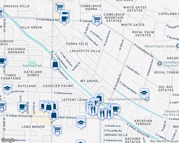 map of restaurants, bars, coffee shops, grocery stores, and more near 4727 East Lafayette Boulevard in Phoenix
