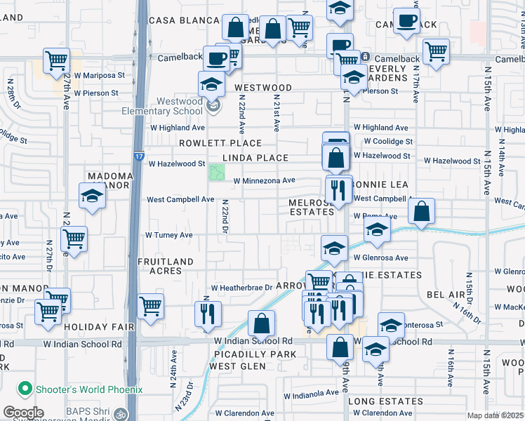 map of restaurants, bars, coffee shops, grocery stores, and more near 2135 West Campbell Avenue in Phoenix