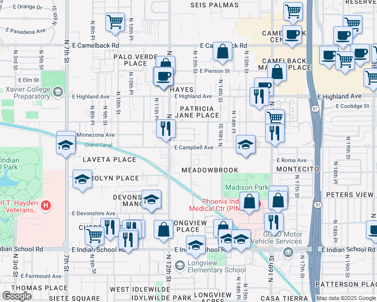 map of restaurants, bars, coffee shops, grocery stores, and more near 4450 North Longview Avenue in Phoenix