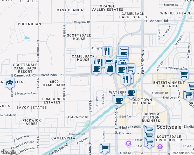 map of restaurants, bars, coffee shops, grocery stores, and more near 6815-6895 East Camelback Road in Scottsdale