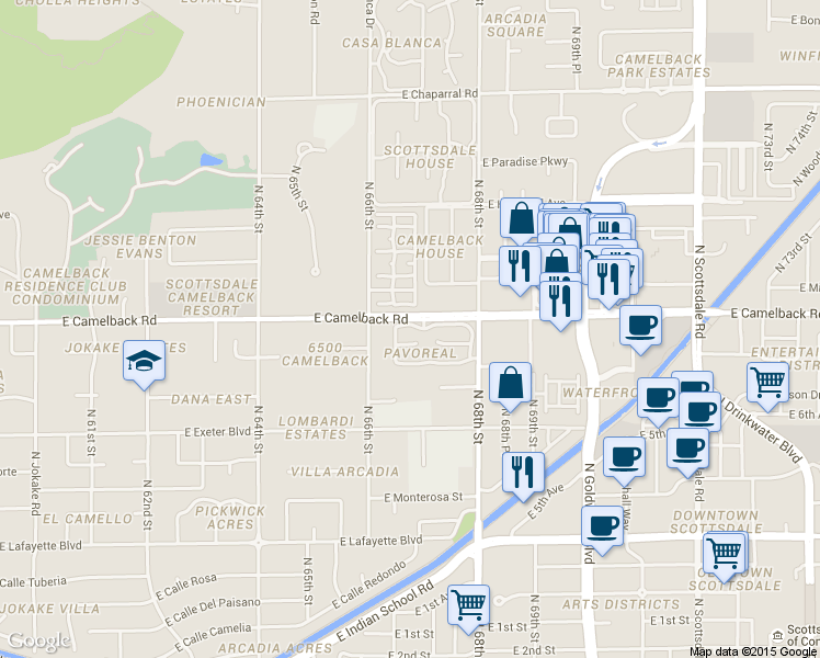 map of restaurants, bars, coffee shops, grocery stores, and more near 6711 East Camelback Road in Scottsdale