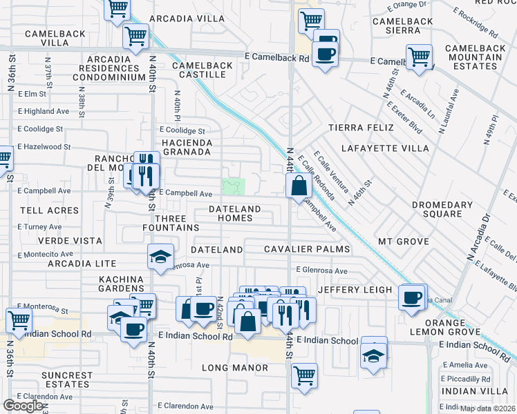map of restaurants, bars, coffee shops, grocery stores, and more near 4308 East Roma Avenue in Phoenix