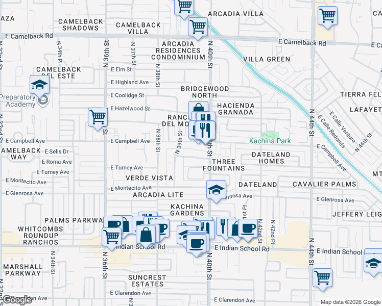 map of restaurants, bars, coffee shops, grocery stores, and more near 3915 East Roma Avenue in Phoenix