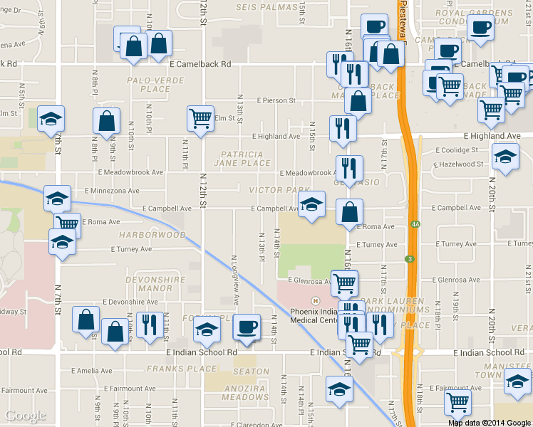map of restaurants, bars, coffee shops, grocery stores, and more near 4428 North 13th Place in Phoenix