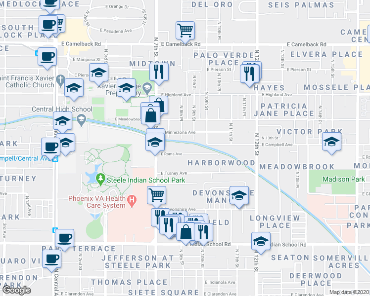 map of restaurants, bars, coffee shops, grocery stores, and more near 913 East Roma Avenue in Phoenix