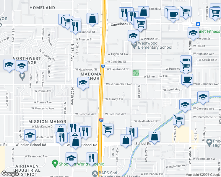 map of restaurants, bars, coffee shops, grocery stores, and more near 2432 West Turney Avenue in Phoenix