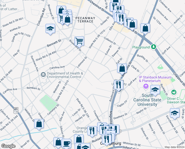 map of restaurants, bars, coffee shops, grocery stores, and more near 450 Nature Lane in Orangeburg