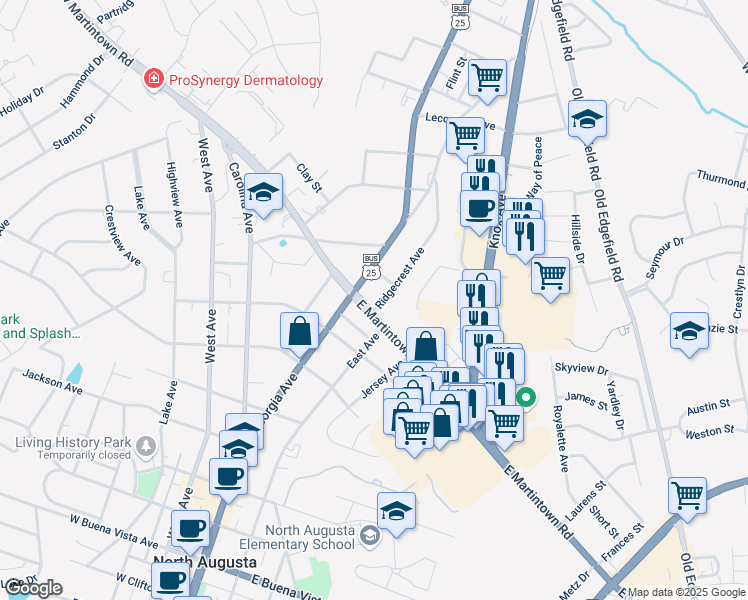 map of restaurants, bars, coffee shops, grocery stores, and more near 111 East Summit Avenue in North Augusta