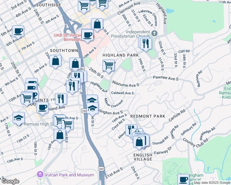 map of restaurants, bars, coffee shops, grocery stores, and more near 1430 Milner Street South in Birmingham