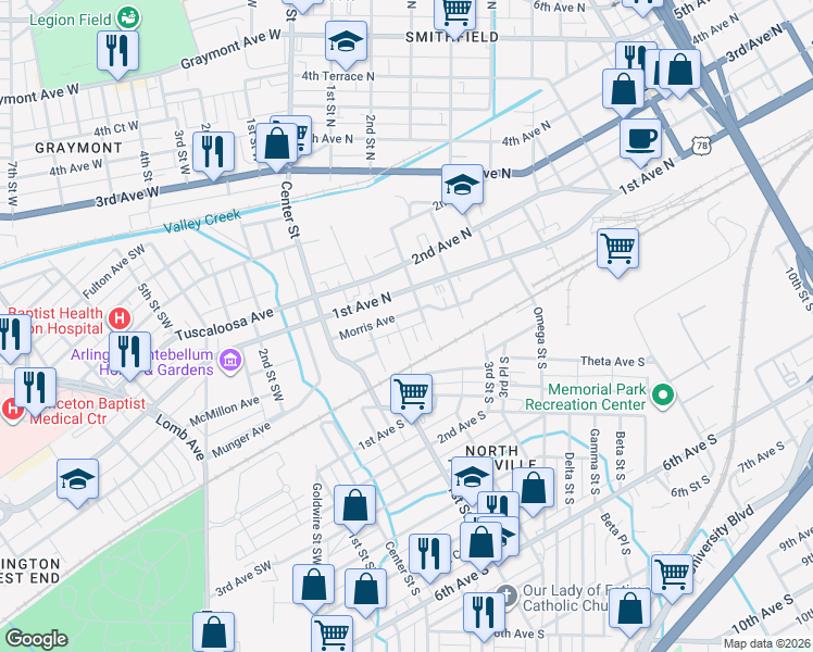 map of restaurants, bars, coffee shops, grocery stores, and more near 16 1st Place North in Birmingham