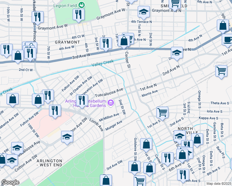 map of restaurants, bars, coffee shops, grocery stores, and more near 805 3rd Street Southwest in Birmingham
