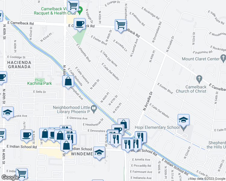 map of restaurants, bars, coffee shops, grocery stores, and more near 4702 East Calle Tuberia in Phoenix