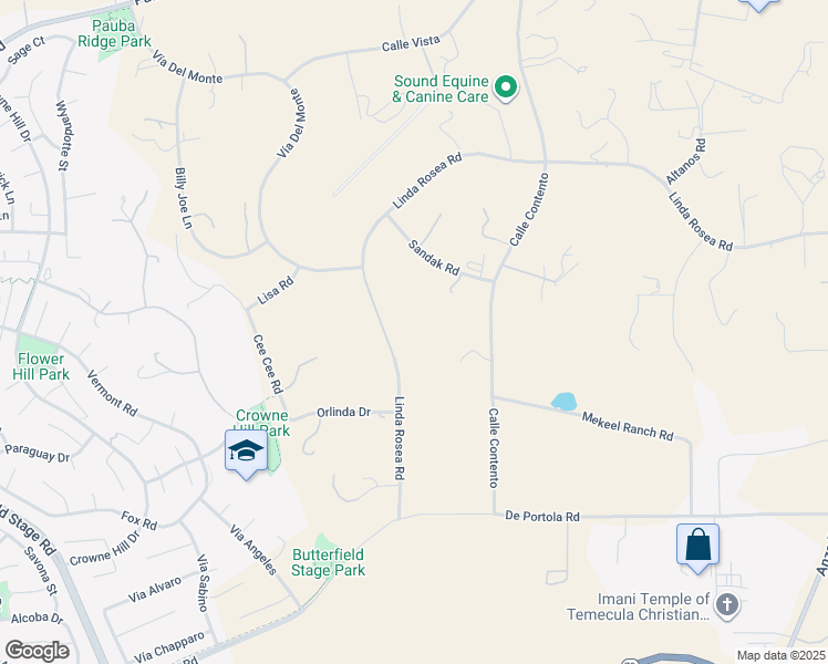 map of restaurants, bars, coffee shops, grocery stores, and more near Linda Rosea Road in Temecula