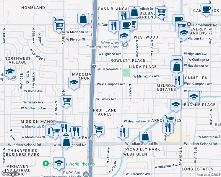 map of restaurants, bars, coffee shops, grocery stores, and more near 2342 West Turney Avenue in Phoenix