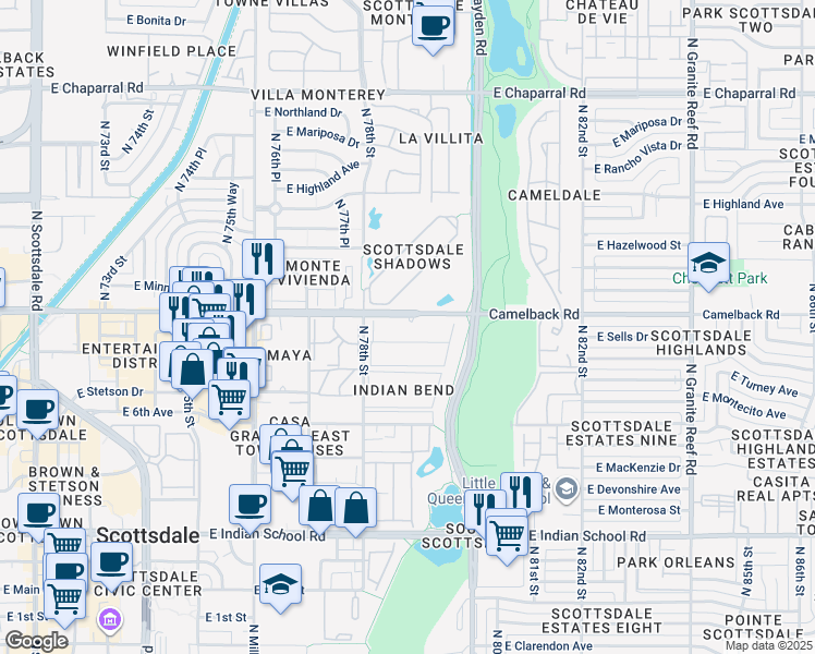 map of restaurants, bars, coffee shops, grocery stores, and more near 7979 East Camelback Road in Scottsdale
