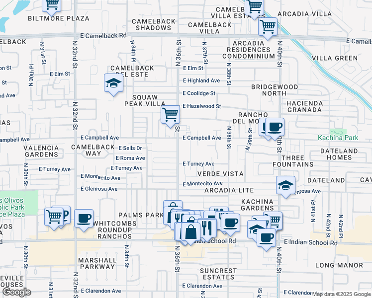 map of restaurants, bars, coffee shops, grocery stores, and more near 4445 North 36th Street in Phoenix