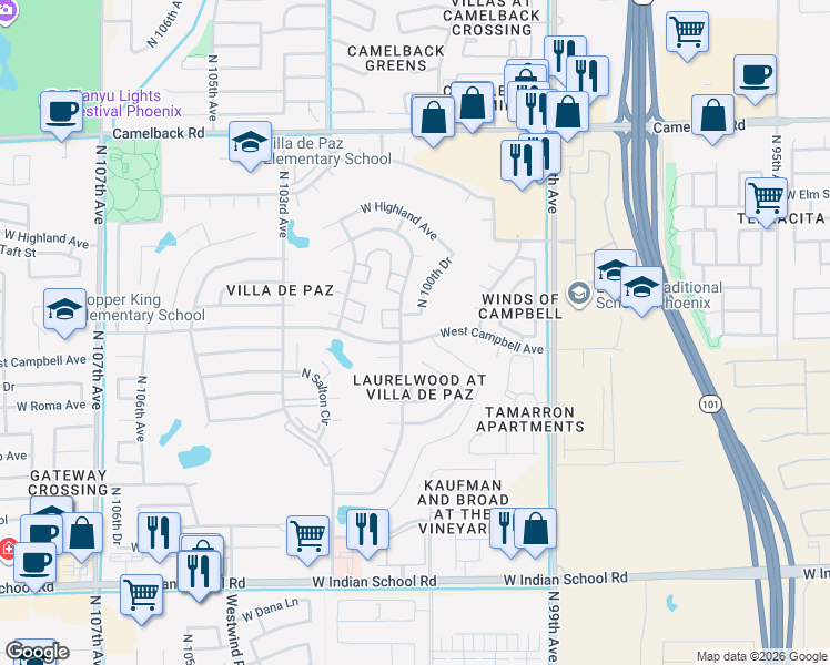 map of restaurants, bars, coffee shops, grocery stores, and more near 10064 West Campbell Avenue in Phoenix