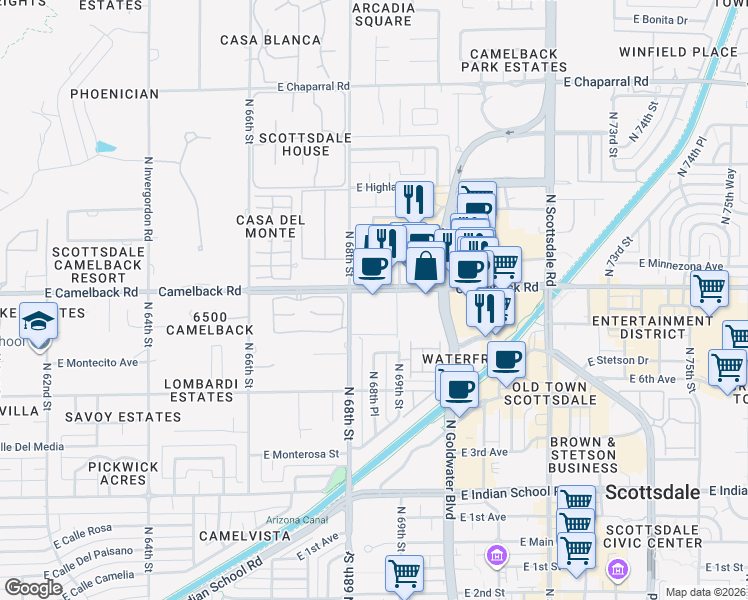 map of restaurants, bars, coffee shops, grocery stores, and more near 6815-6895 East Camelback Road in Scottsdale