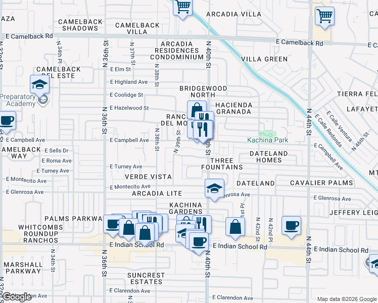 map of restaurants, bars, coffee shops, grocery stores, and more near 3915 East Roma Avenue in Phoenix