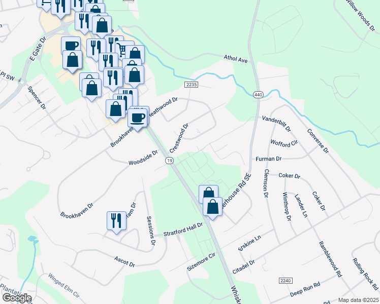 map of restaurants, bars, coffee shops, grocery stores, and more near 210 Heathwood Drive in Aiken