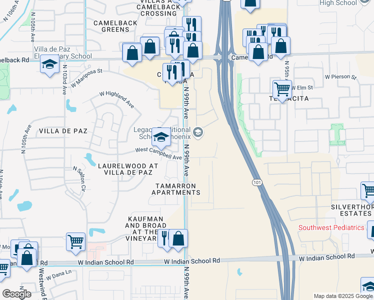 map of restaurants, bars, coffee shops, grocery stores, and more near 4682 North 99th Avenue in Phoenix