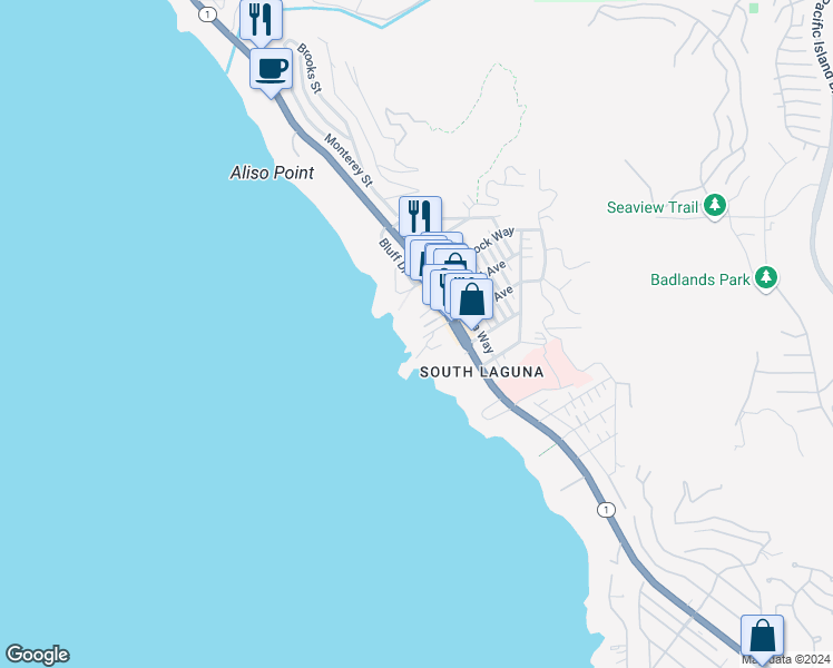 map of restaurants, bars, coffee shops, grocery stores, and more near 31678 Seacove Drive in Laguna Beach