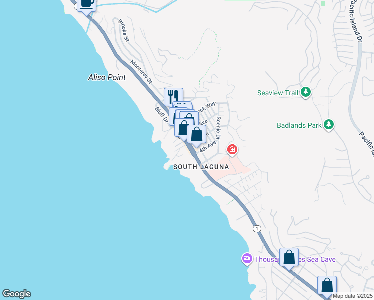map of restaurants, bars, coffee shops, grocery stores, and more near 31719 Coast Highway in Laguna Beach