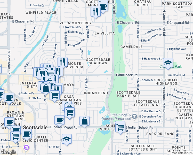 map of restaurants, bars, coffee shops, grocery stores, and more near 7979 East Camelback Road in Scottsdale