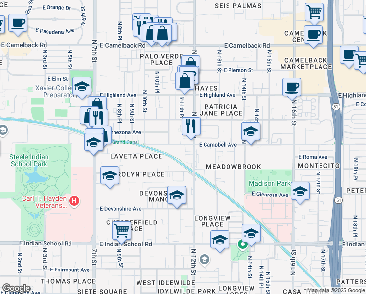 map of restaurants, bars, coffee shops, grocery stores, and more near 1126 East Campbell Avenue in Phoenix