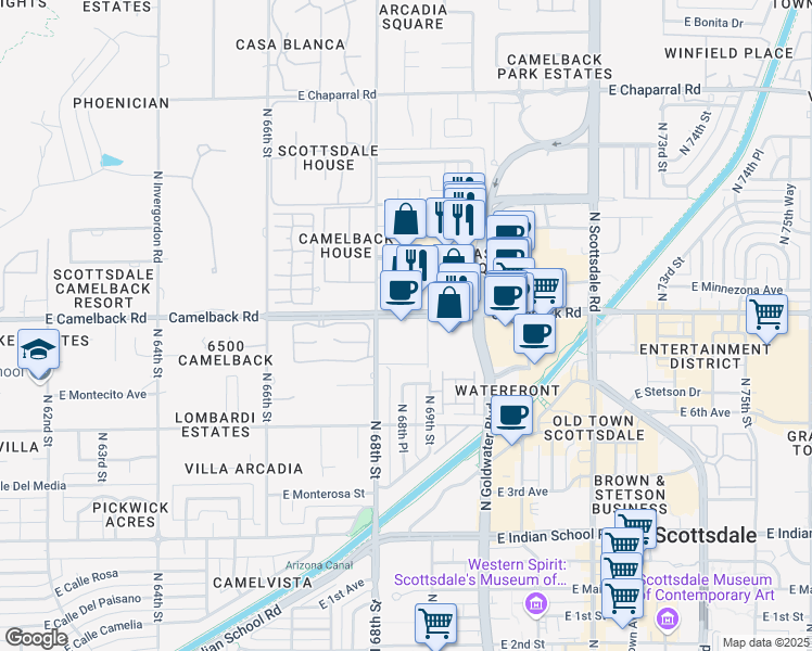 map of restaurants, bars, coffee shops, grocery stores, and more near 6840 East Camelback Road in Scottsdale