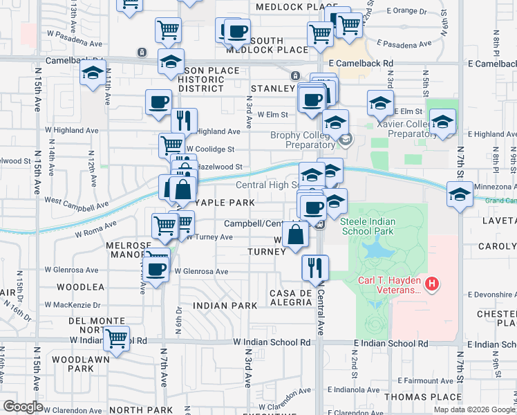 map of restaurants, bars, coffee shops, grocery stores, and more near 4508 North 2nd Drive in Phoenix