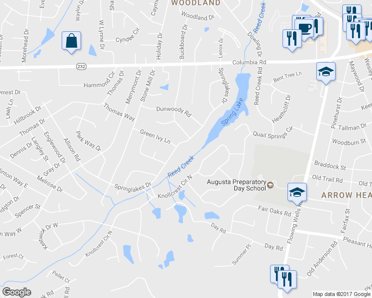 map of restaurants, bars, coffee shops, grocery stores, and more near 142 Springlakes Drive in Martinez