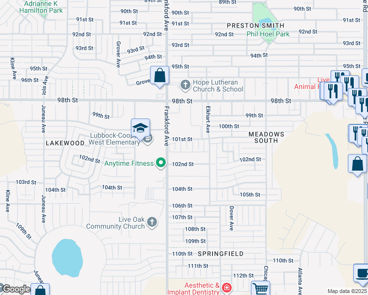 map of restaurants, bars, coffee shops, grocery stores, and more near 10101 Evanston Avenue in Lubbock