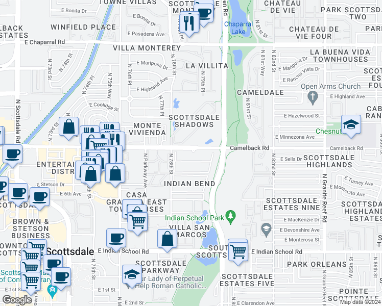 map of restaurants, bars, coffee shops, grocery stores, and more near Camelback Road in Scottsdale